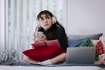 Cozy Winter Lifestyle Woman Listening to Music at Home