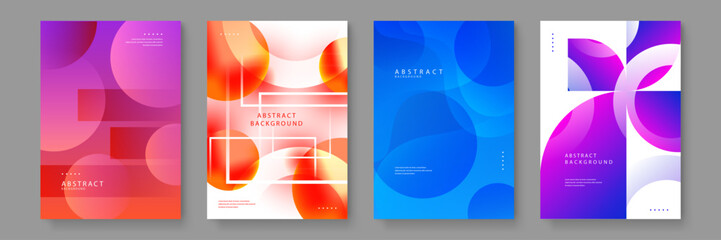 A set of four abstract posters featuring vibrant gradients, geometric circles, and overlapping transparent shapes in purple, orange, blue, and violet tones