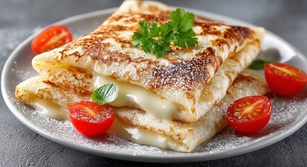 Crepe prepared in a pan, mixed with feta cheese and diced tomatoes, and finished with fresh dill