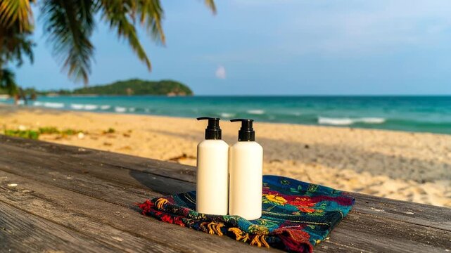 Two white bottles with black pumps on a patterned towel, set on a wooden surface at the beach