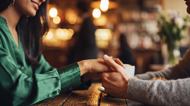 Romantic coffee date Couple holding hands at cafe table