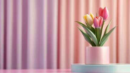 A colorful tulip set on a rainbow podium with a shimmering curtain backdrop.