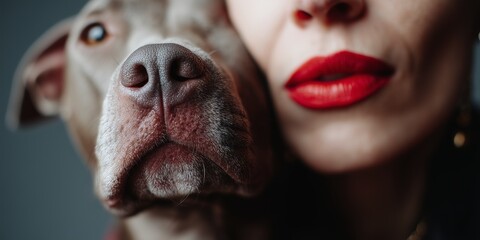 Intimate close-up of a woman with bold red lips and her affectionate dog, highlighting their bond and connection.