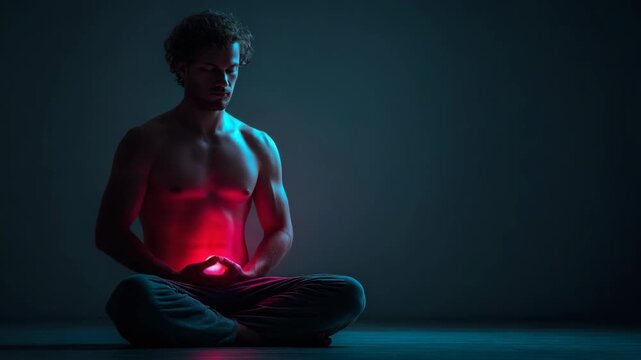 A meditating person sits quietly, performing breathing practice and visualizing a red hot ball in his stomach, meditative qigong and the transformation of qi energy in the lower dantian