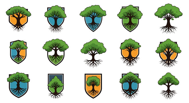 Diverse collection of shield and tree emblems, symbolizing growth, nature, and protection in various designs