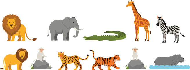 Safari wild animals vector set with lion elephant giraffe zebra crocodile monkey and jungle wildlife illustrations isolatedSafari wild animals vector set  © MdAbdul