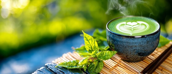 Healthy Steaming Matcha Latte with Heart Latte Art Amidst Lush Greenery