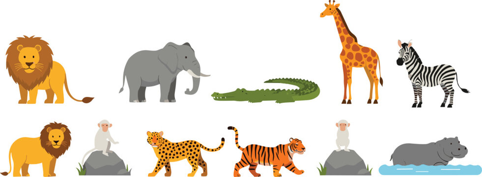 Safari wild animals vector set with lion elephant giraffe zebra crocodile monkey and jungle wildlife illustrations isolatedSafari wild animals vector set 