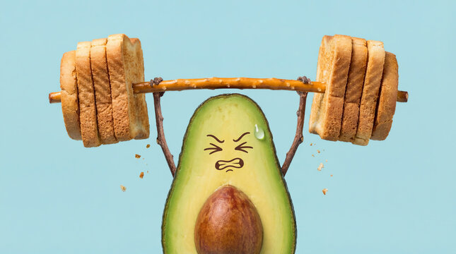 Metaphor for healthy fats vs carbs. An avocado doing a strength exercise with bread