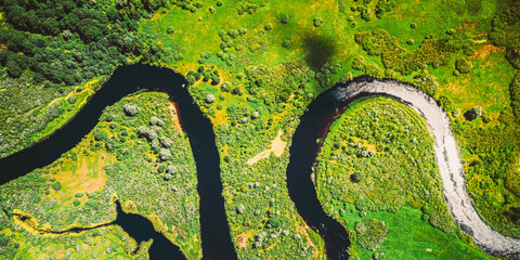 Aerial View Green Forest Woods And River Landscape In Sunny Spring Summer Day. Top View Of...