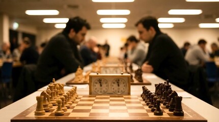 Chessboard with pieces set for a game and chess clocks. Two men playing chess at a competition. Board game event.