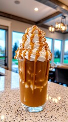 Delicious Caramel Macchiato with Whipped Cream and Sprinkles on Kitchen Counter