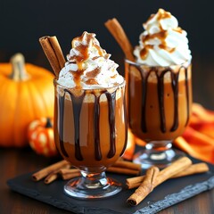 Cozy Pumpkin Spice Latte with Whipped Cream, Caramel, Chocolate Drizzle, Cinnamon, and Autumn Pumpkins
