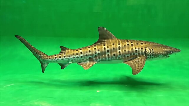 A detailed side profile of a leopard shark, also known as a zebra shark, showcasing its distinctive spotted pattern against a plain green background.