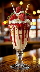 Decadent Strawberry Milkshake Parfait with Whipped Cream and Drips on Wooden Table