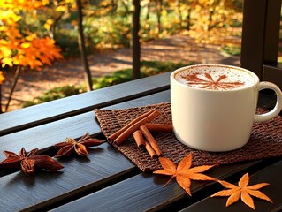 Cozy Autumn Coffee on Balcony with Fall Leaves, Cinnamon, and Star Anise - Seasonal Hot Drink