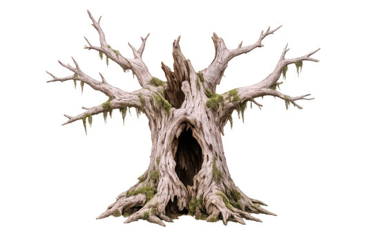 Old dead tree with hollow trunk and gnarled leafless branches creating a spooky forest element, transparent background