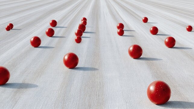 Group of red spheres arranged in a straight line on a white surface. the spheres are evenly spaced and appear to be of different sizes and shapes.