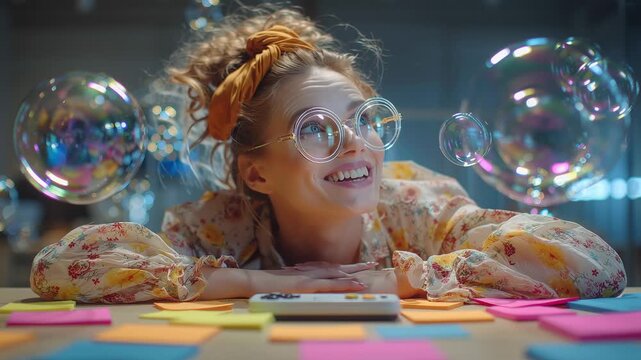 Watch as an adult joyfully creates giant soap bubbles in a cozy indoor space. The colorful bubbles float around, bringing smiles and wonder to the room.