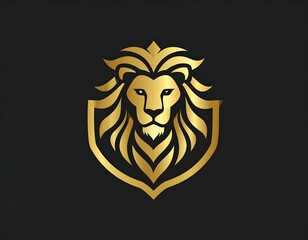 Obraz premium Ornate gold lion's head displayed on shield with regal crown on a black background