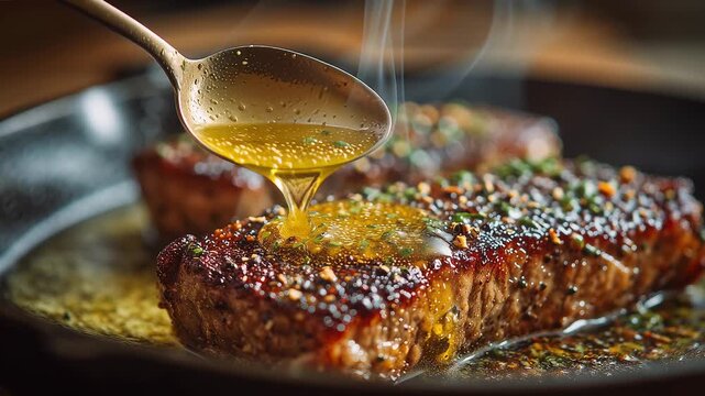 A skilled chef expertly spoons melted butter over a beautifully cooked steak, enhancing its flavor and creating a delicious aroma. The warm kitchen invites culinary delight.
