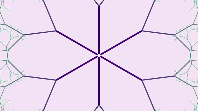 Seamless loop of computed recursive fractal trees forming a hexagonal mandala pattern. Geometric branches oscillate in rhythmic breathing motion. 4K UHD procedural background.