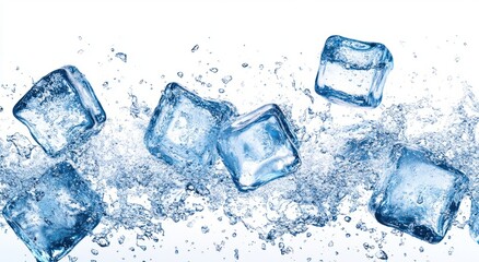 Splashing Ice Cubes with Water Droplets in a Clean White Background for Refreshing Beverage Imagery