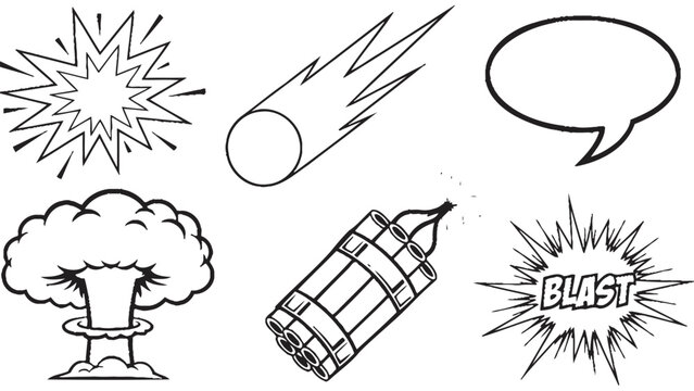A cartoon illustration of various explosion and blast themed icons and symbols