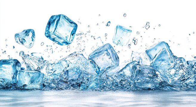 Ice Cubes Splashing into Water with Flying Drops for Fresh Beverage or Cooling Effect