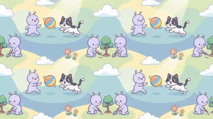Cute Alien and Cat Playing Seamless Pattern for Kids Background