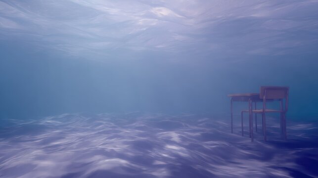 Abstract digital art piece that appears to be floating in the ocean. the background is a deep blue color with a wave-like pattern that creates a sense of depth and movement.