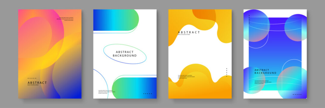 Set of vibrant abstract posters showcasing warm orange and blue gradients with flowing liquid blobs and translucent circular overlays for a futuristic aesthetic