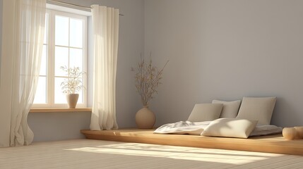 Cozy Minimalist Bedroom with Natural Light, Soft Curtains, and Earthy Tones in Neutral Color Scheme