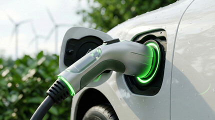 Electric car charging close up with glowing green plug and wind turbines in background symbolizing renewable energy