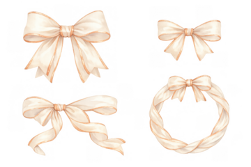 Watercolor bows and ribbon wreath in cream color with gold trim for festive, wedding, or celebration decor elements