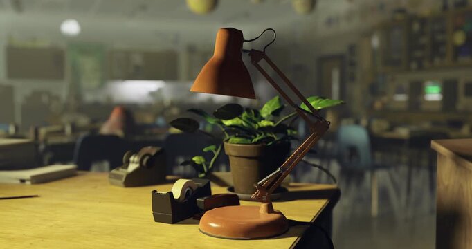 A cozy classroom workspace features a warm lamp, a potted plant, and stationery supplies on a desk. The atmosphere is calm, encouraging focus and creativity in learning.