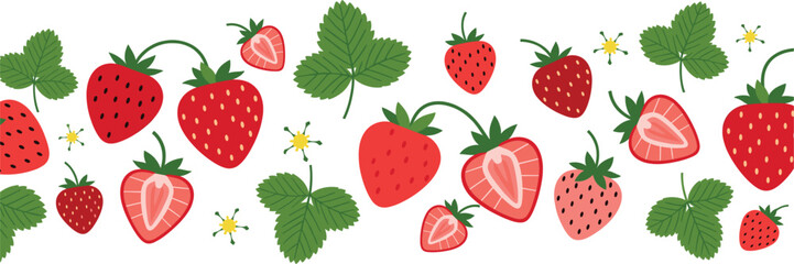 Fresh strawberry pattern vector illustration with ripe berries leaves flowers and summer fruit design isolated © MdAbdul