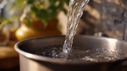 Close-up of a pot of water being poured into it. the pot is made of stainless steel and has a handle on one side. the water is flowing from the top right corner of the pot into the bottom left corner.