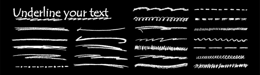 Obraz premium Underline line kit with chalk pencil watercolor brush crayon strokes presenting hand drawn white doodle effect and bold color texture perfect for abstract vector art and blackboard influenced design.