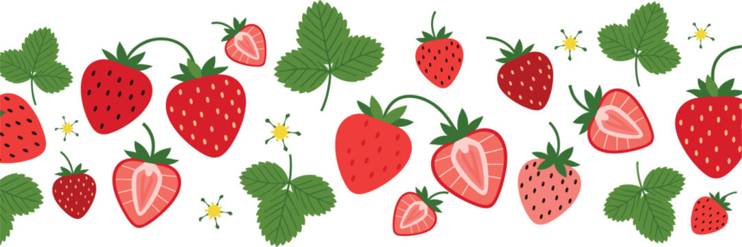 Fresh strawberry pattern vector illustration with ripe berries leaves flowers and summer fruit design isolated