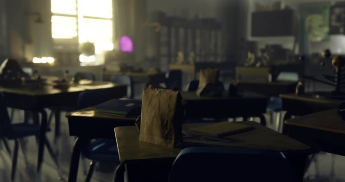 Dusty, empty classroom shows multiple desks awaiting students, with personal items like a brown paper bag left behind. Sunlight filters through the windows, creating a quiet atmosphere.