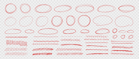 Hand drawn red pen collection showing round circle underline marks with doodle lines and strokes. Bundle of highlight text and scribble oval line. Vector set kit on like transparent png bg. © A_Y_N