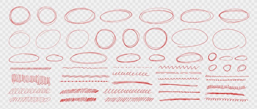 Hand drawn red pen collection showing round circle underline marks with doodle lines and strokes. Bundle of highlight text and scribble oval line. Vector set kit on like transparent png bg.
