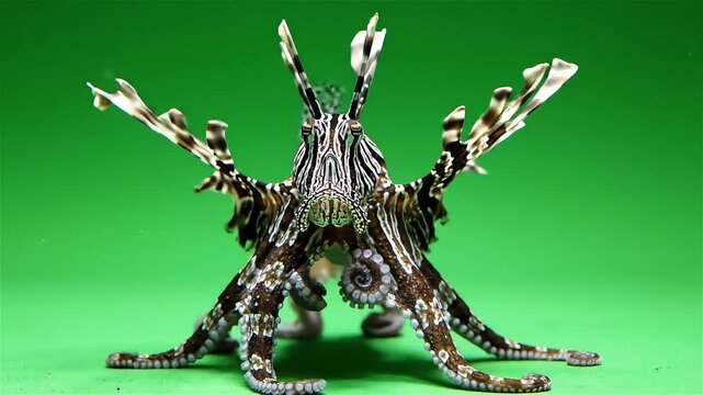 A detailed close-up of a mimic octopus with distinctive striped patterns against a vibrant green background.