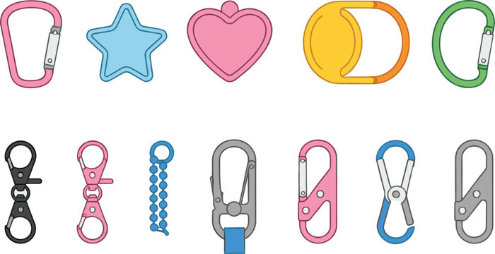 Carabiner clip vector set with colorful keychain hooks fasteners and metal snap accessories isolated illustration