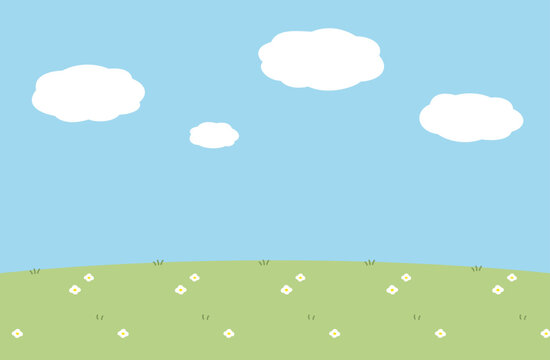 かわいい絵本風の青空と雲と草花の背景画像　晴れた空と草原のメルヘンな背景素材ベクターイラスト　