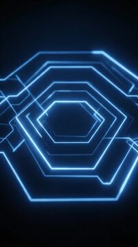 Glowing blue geometric lines forming abstract hexagonal patterns against dark background