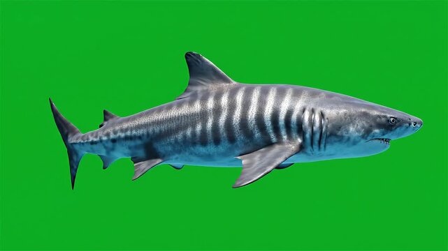 A tiger shark swimming horizontally against a vibrant green screen background, showcasing its distinctive striped pattern.