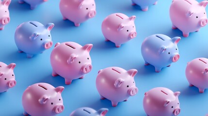 a set of piggy banks placed on a blue background