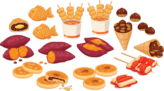 Asian Street Food Illustration Set with Taiyaki Fish Pastries, Sweet Potatoes, Skewers, Pancakes, Roasted Chestnuts, and Traditional Market Snacks